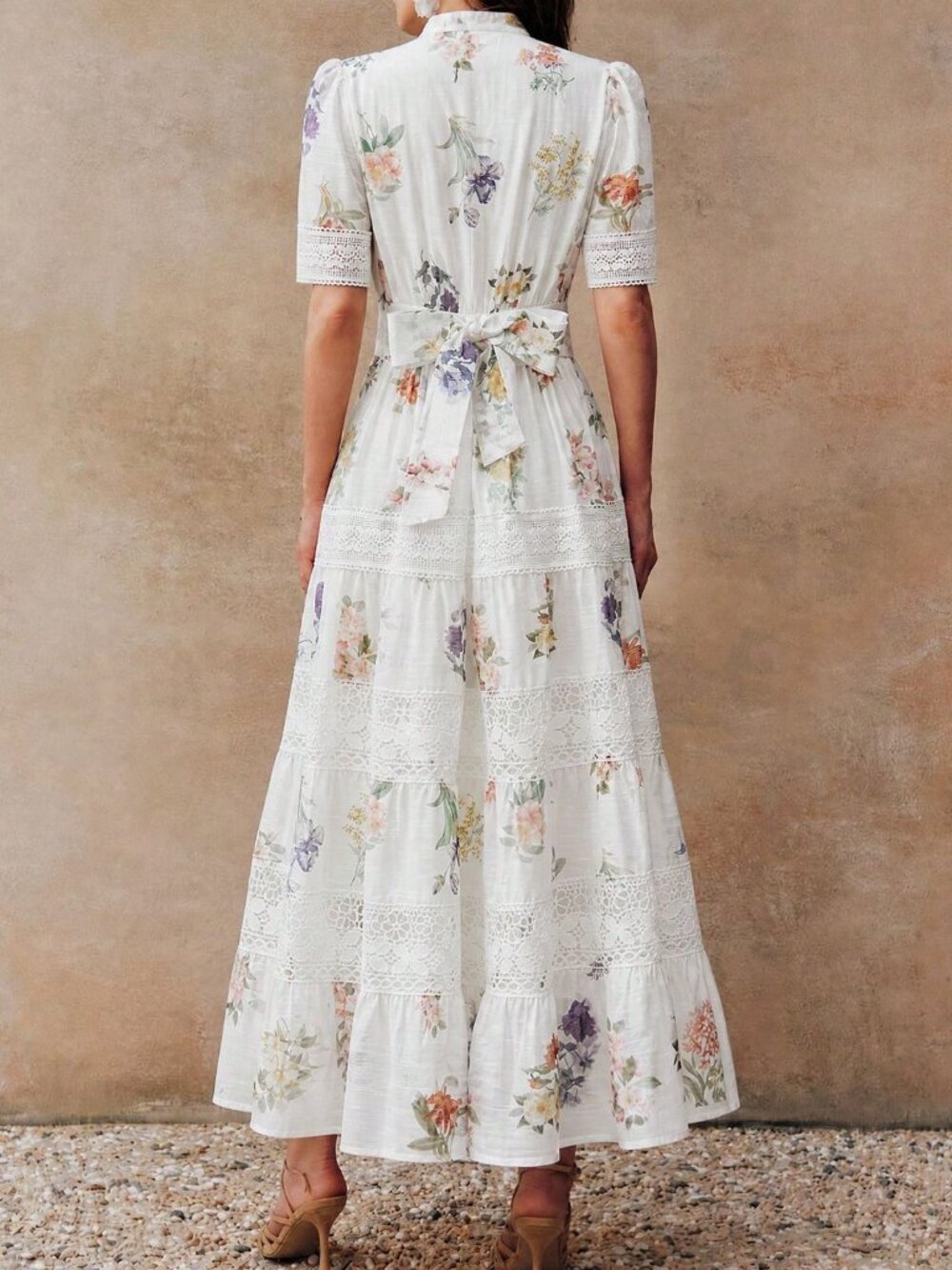 White Boho Women's Floral Print Waist-Cinched Flared Dress - Picture 7 of 8